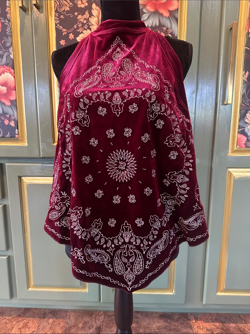 Free People Burgundy Velvet Bandana Halter embroidered Camisole
